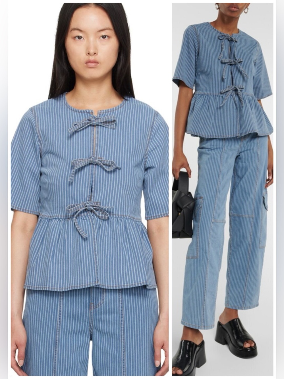 GANNI Peplum Striped Denim Blue Blouse SZ US 4, FR 36, S
